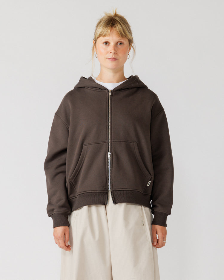 Heavyweight Two-Way Zip Hoody - Chocolate Brown — Female front crop, direct gaze
