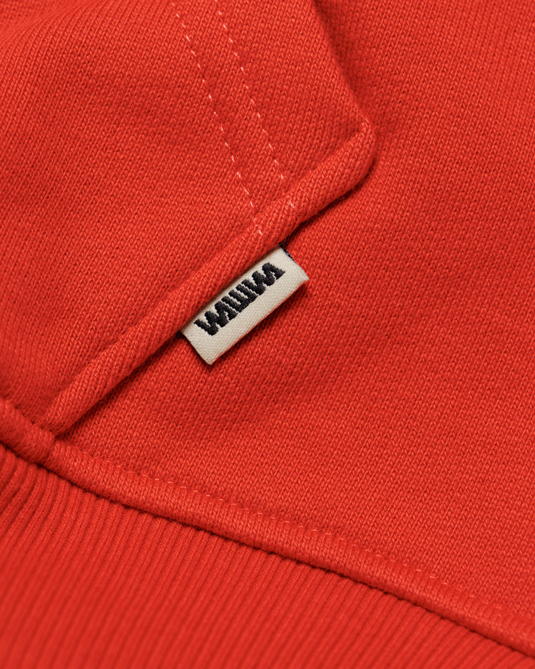 Heavyweight Two-Way Zip Hoody - Signal Red — Hem label branding detail
