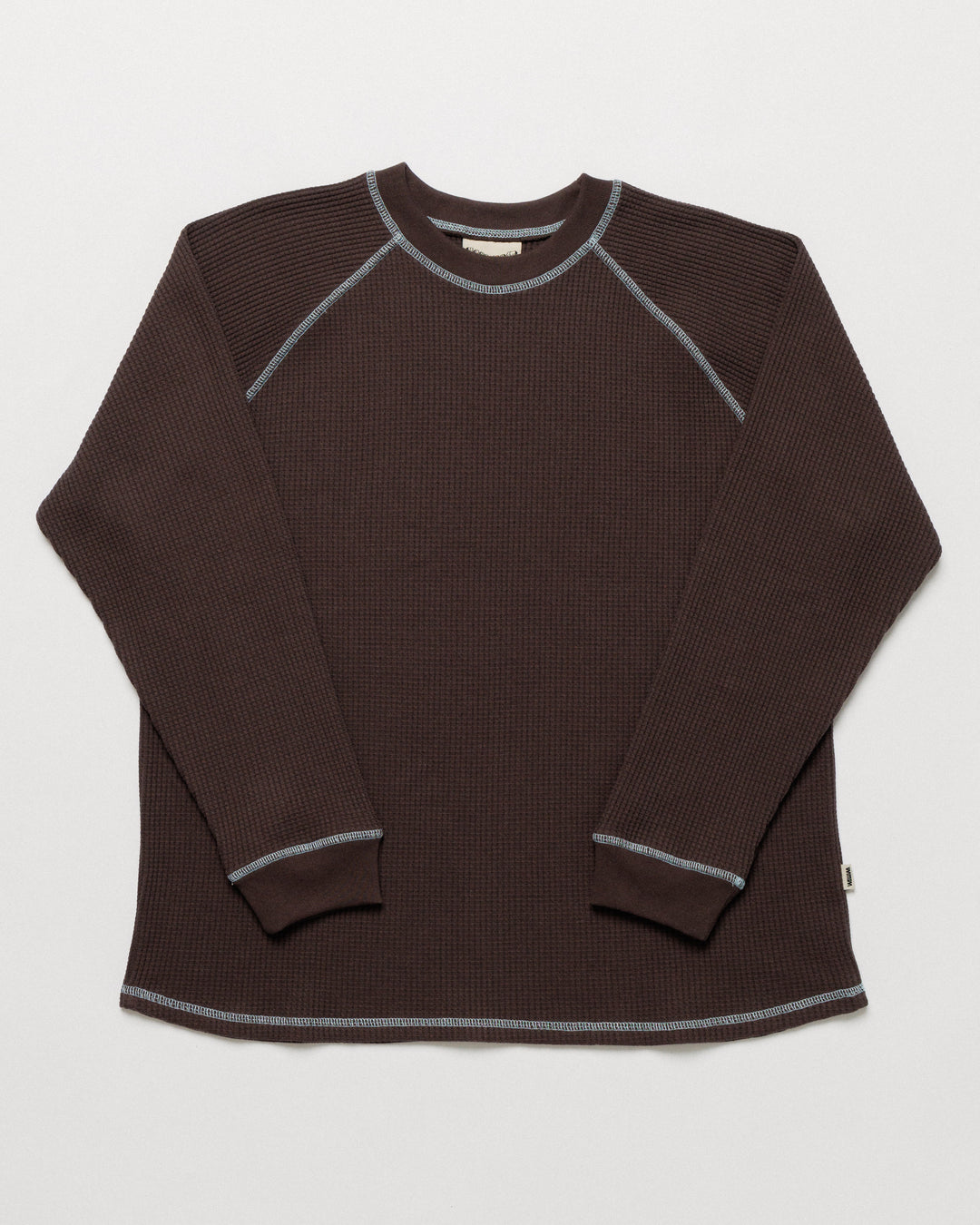 Raglan Range Waffle Knit - Chocolate Brown w Powder Blue Contrast — front flat, silhouette