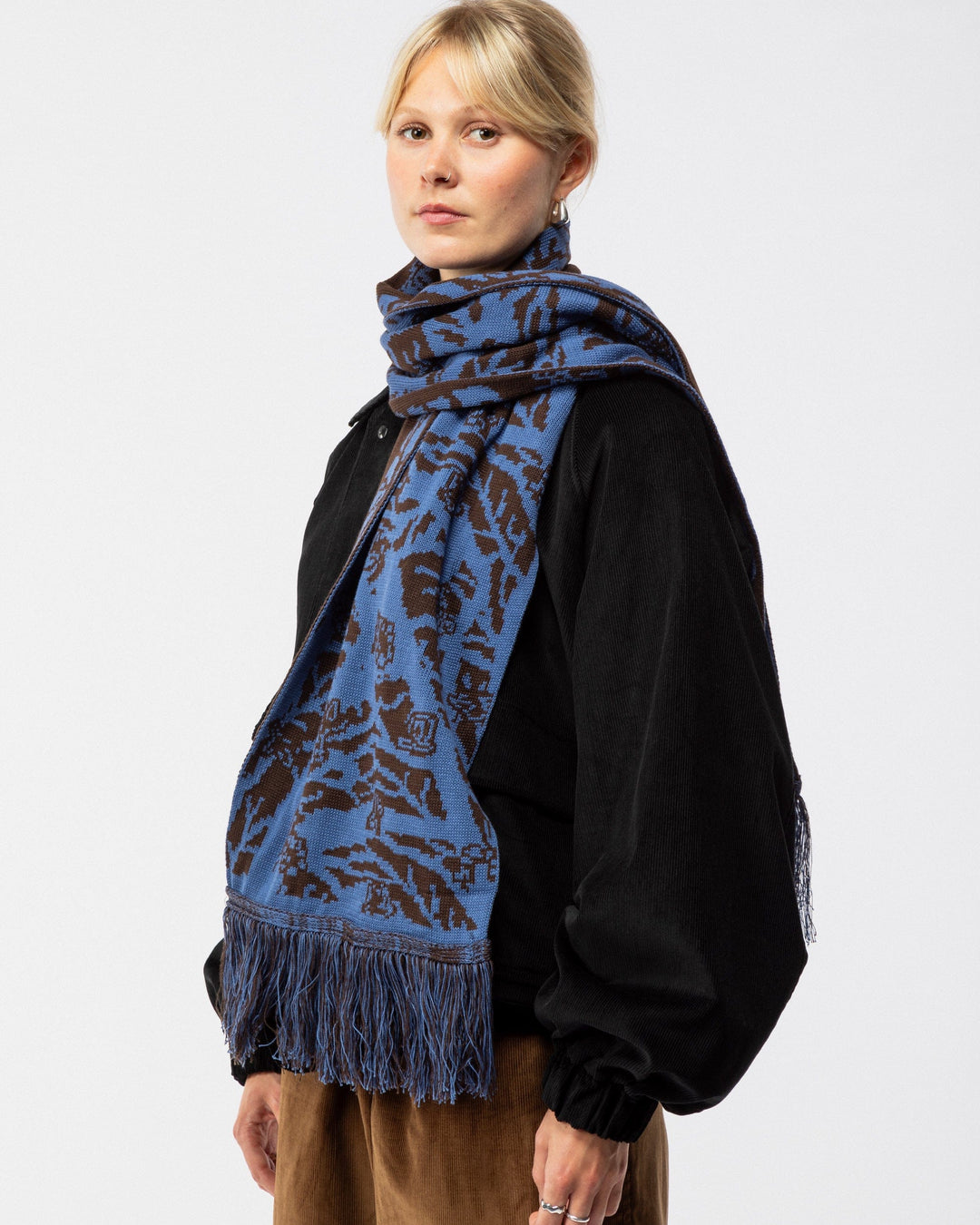 Tassel Scarf Bamba Print - Chocolate Brown/Blue